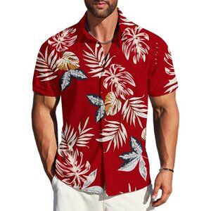 Men's Red - Tropical Leaf Linen Short Sleeve Button Down Casual Shirt Business
